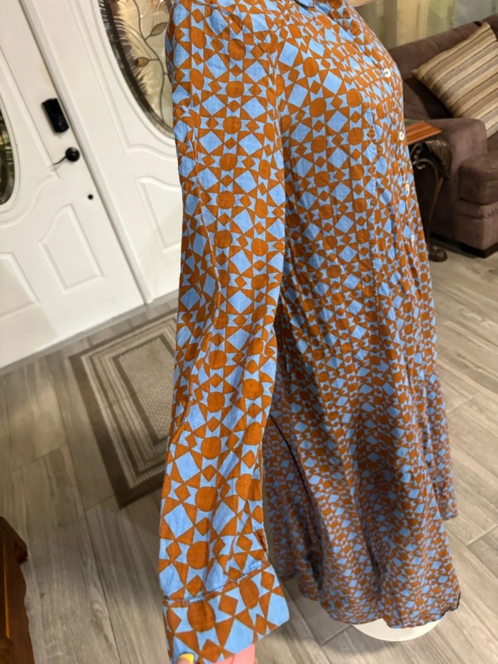 Free People Geometric Maxi Shirt Dress in Rust and Light Blue